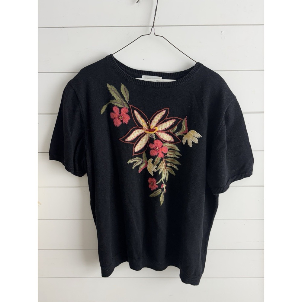 VTG Alfred Dunner Knit Shirt Sleeve Black Sweater Embroidered Floral  Sz 1X 0670